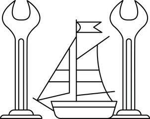 A black and white drawing of a boat, a wrench, and a flag