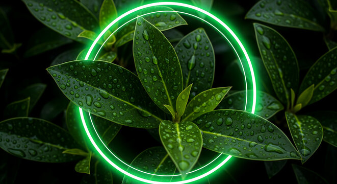 Fresh leaves glistening with dew, surrounded by vibrant neon green circle glow