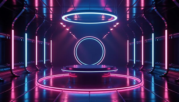 Futuristic neon cyberpunk stage with glowing pedestal and oval ring lights for product display or performance