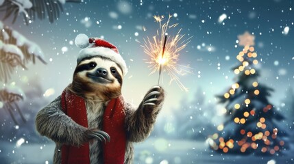 A sloth wearing a Santa hat and red scarf holds a sparkler in a snowy winter scene. A decorated Christmas tree is in the background with falling snow.