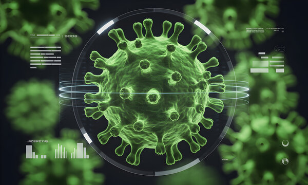 Visualize futuristic medical research of dangerous virus under microscope analysis