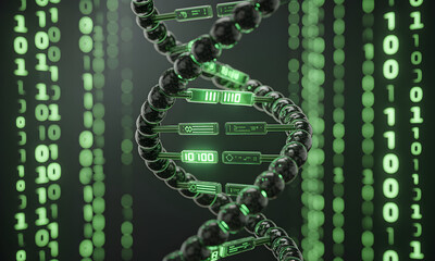 Futuristic DNA strand glows with binary code, data science innovation concept