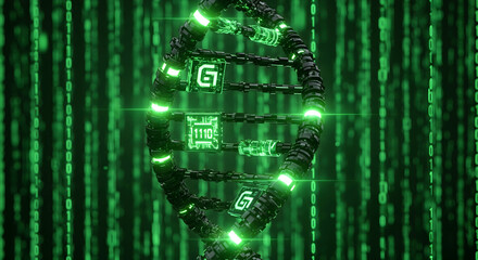 Futuristic DNA helix with binary code, showcasing genetic engineering technology