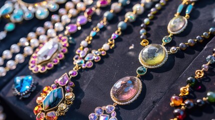 Colorful jewelry displayed on a black surface. Various necklaces with gemstones, pearls, and intricate designs are arranged neatly.