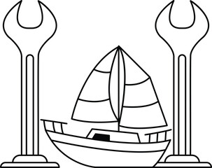 A black and white drawing of a boat with a sail and two large mechanical tools