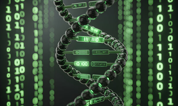 Futuristic DNA strand glows with binary code, data science innovation concept