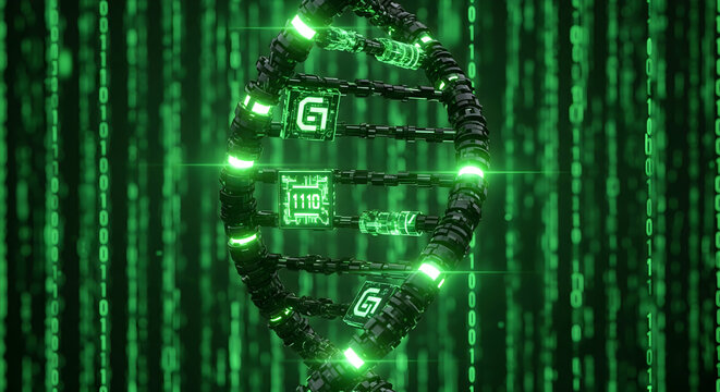 Futuristic DNA helix with binary code, showcasing genetic engineering technology
