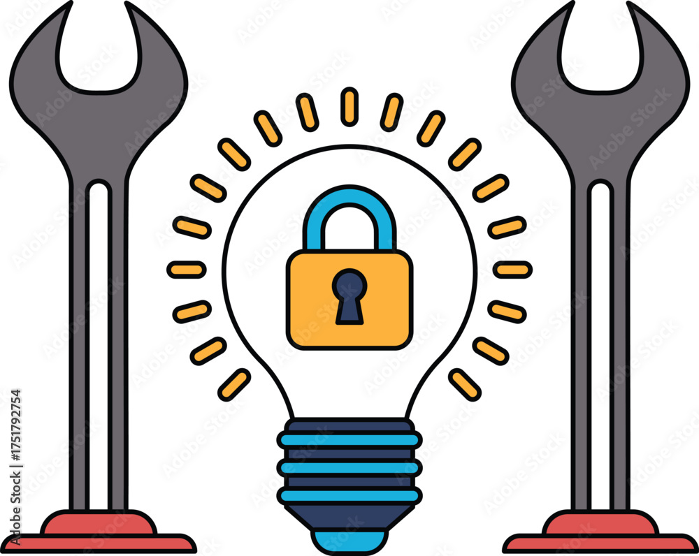 Canvas Prints a light bulb is surrounded by two wrenches and a lock