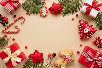 Festive christmas flat lay with red gifts candy canes gingerbread cookies pine branches and red berries creating a decorative border on a beige background