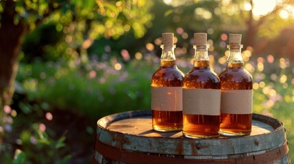 Glass bottles with empty labels and corks standing on a barrel in a natural setting