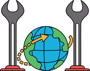 A globe with a wrench and a screwdriver on it