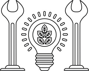 A light bulb is surrounded by two wrenches and a leaf