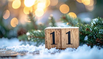 Number 11 on wooden cubes on snowy surface with fir tree branches, cozy festive winter scene.