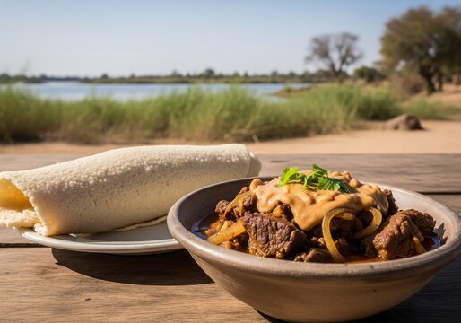 Traditional sudanese beef and peanut stew served with kisra a sorghum flatbread on a rustic table