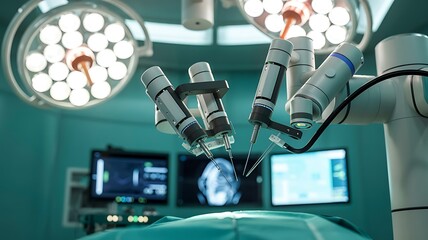 Advanced robotic surgical system with illuminated operating room lights and medical monitors displaying patient data during a futuristic procedure