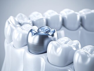 Close up of a metallic dental crown restoration placed on a tooth surrounded by healthy white teeth in a dental clinic setting