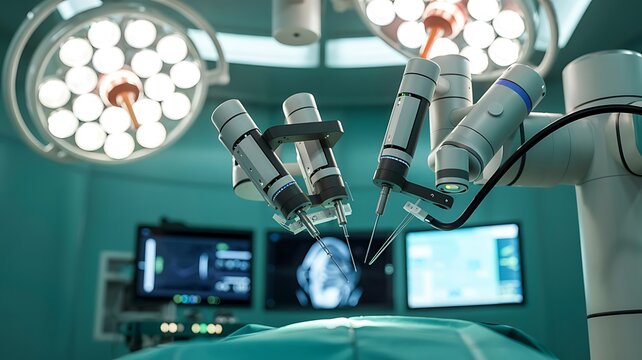 Advanced robotic surgical system with illuminated operating room lights and medical monitors displaying patient data during a futuristic procedure