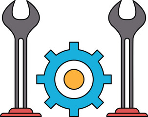 A black and white drawing of a wrench and a gear