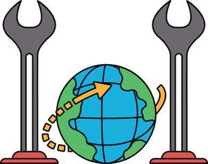 A black and white drawing of a globe with a wrench