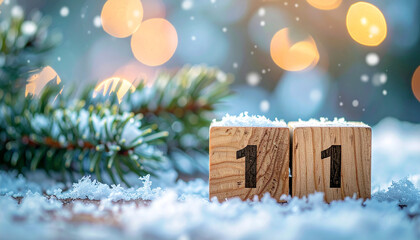 Number 11 on wooden cubes on snowy surface with fir tree branches, cozy festive winter scene.
