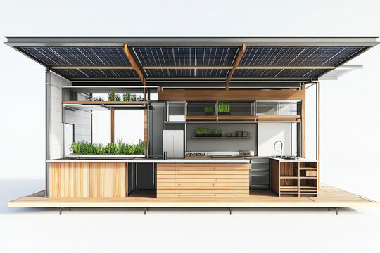 Solar kitchen – Cutaway 3D blueprint of community solar kitchen for agricultural cooperatives with renewable cooking system.
