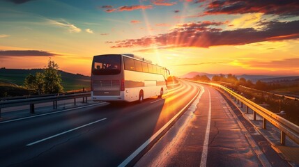 Tourist bus on highway at sunset