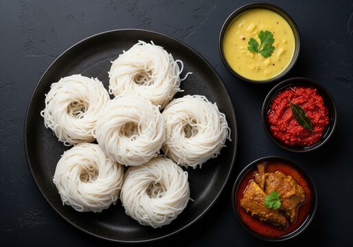 String hoppers or idiyappam a traditional south indian dish with various curries on the side