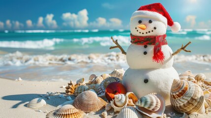 A snowman wearing a red Santa hat stands on a sandy beach surrounded by seashells. The ocean waves and blue sky create a tropical holiday scene.