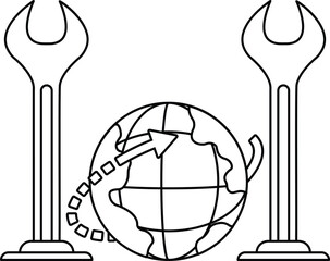 A black and white drawing of a globe with a wrench
