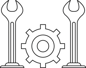 A black and white drawing of a wrench and a gear