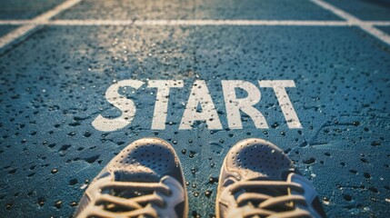 Close-up of a pair of athletic shoes on a wet running track. The word 'START' is painted on the track, indicating the beginning of a race or workout.