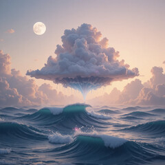 넓은 바다 위에 몽실한 원판 구름이 떠있는 그림