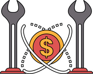 A black and white drawing of a wrench and a dollar sign