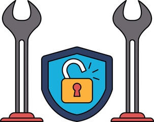 A black and white image of a lock and a key with a shield in between