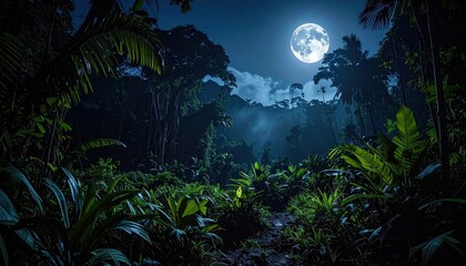 Full Moon Illuminates Dense Tropical Rainforest at Night with Lush Green Foliage and Mist in the Air