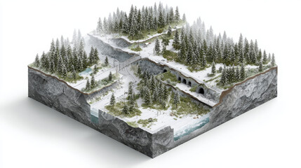 Obraz premium Alpine ecosystem – Cutaway 3D concept of an alpine ecosystem with vegetation zones, snow cover, and wildlife tunnels.