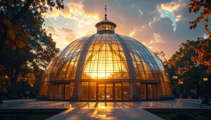 Fototapeta premium Glass Domed Building Bathed in Golden Sunset Light with Autumn Trees and Dramatic Clouds Above