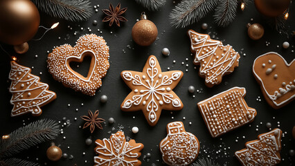 Decorated Christmas Gingerbread Cookies with Holiday Ornaments