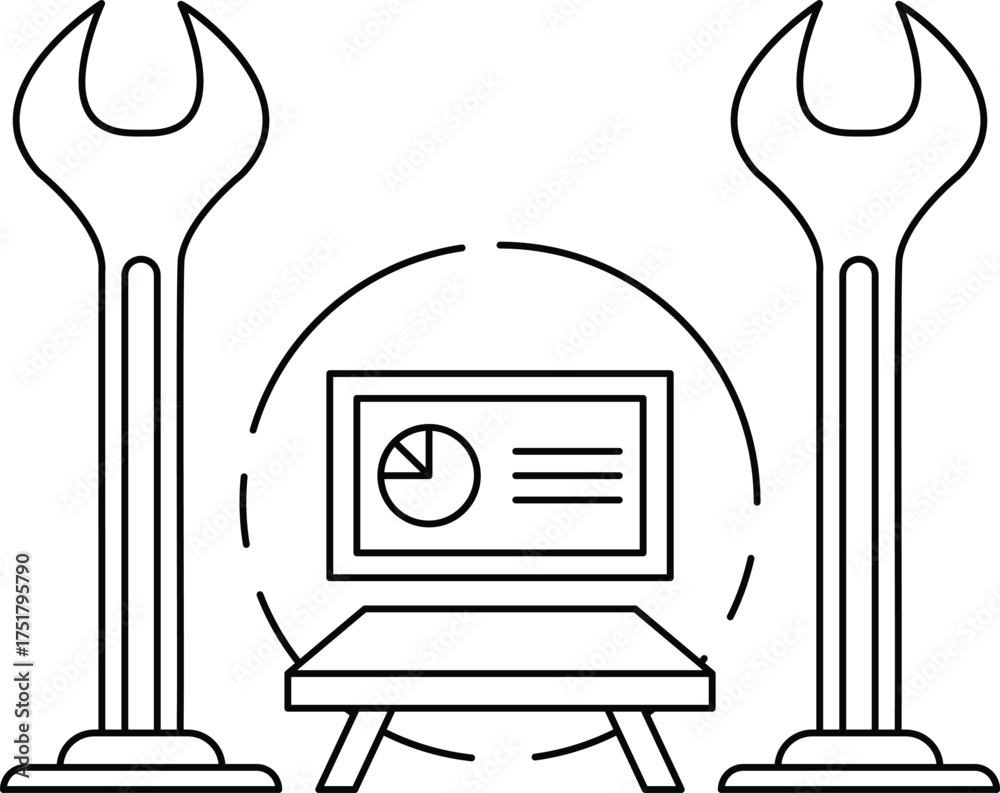 Canvas Prints a black and white drawing of a wrench and a computer monitor