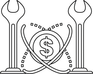 A black and white drawing of a wrench and a dollar sign