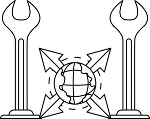 A black and white drawing of a wrench and a globe
