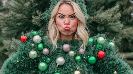 Funny Woman Dressed as a Christmas Tree Making a Silly Face