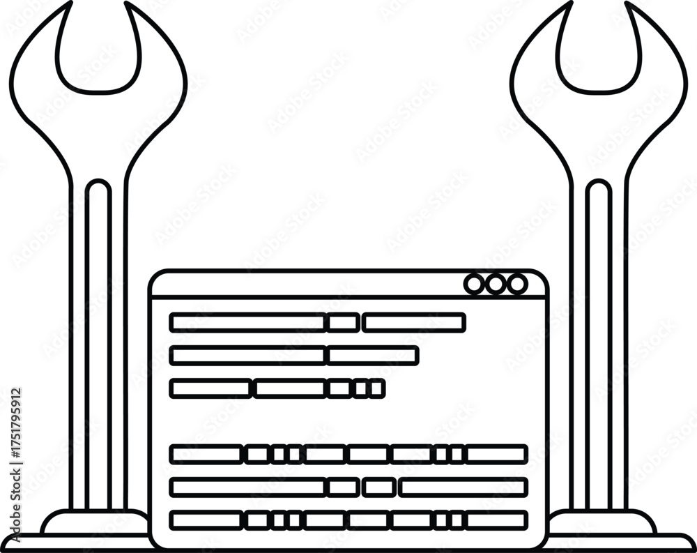 Canvas Prints a black and white drawing of a computer screen with a wrench on top of it