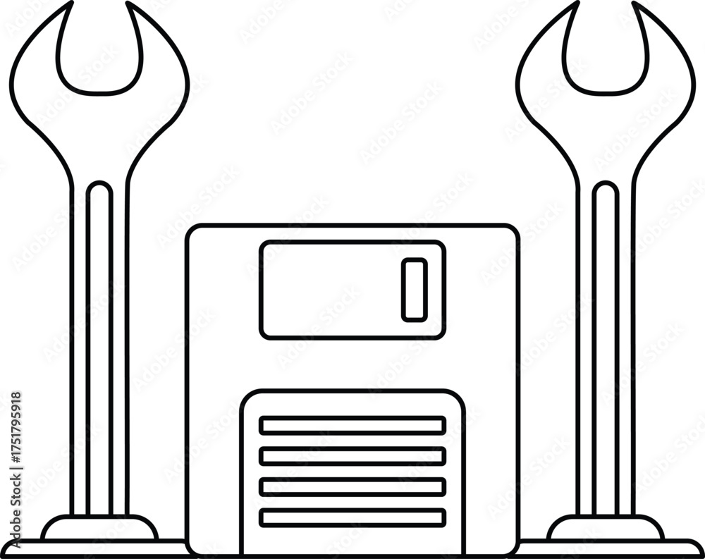 Canvas Prints a black and white drawing of a computer hard drive with a wrench on top of it