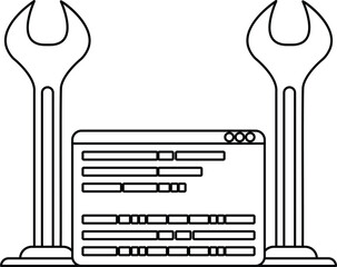 A black and white drawing of a computer screen with a wrench on top of it