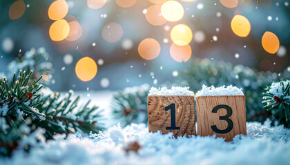 Number 13 on wooden cubes on snowy surface with fir tree branches, cozy festive winter scene.