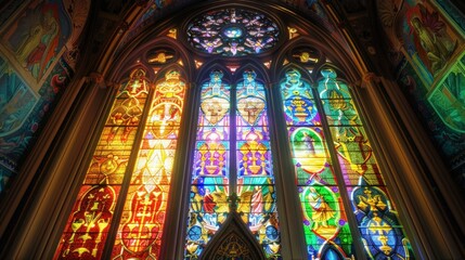 Colorful stained glass windows in a historic church. The windows feature intricate designs and vibrant colors, illuminating the interior with natural light.