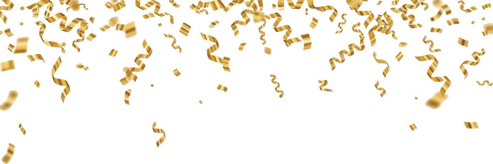 Festive gold confetti and streamers falling perfect for celebrations parties and special events isolated on a white background