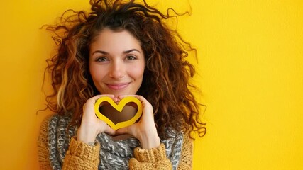 A woman holds a heart-shaped chocolate in front of her face, providing a playful and whimsical moment