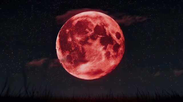 A large, red moon dominates a starry night sky, some clouds, and silhouetted grass in the foreground